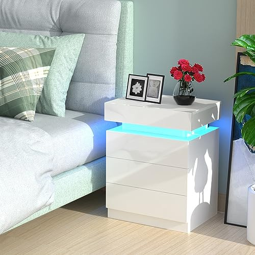 Mesita de Noche led, Mesitas de Noche Blancas, Mesa Auxiliar con 3 Cajones, Mesa de Noche Dormitorio Parte Delantera Brillante, Mesa Auxiliar 40x35x61cm