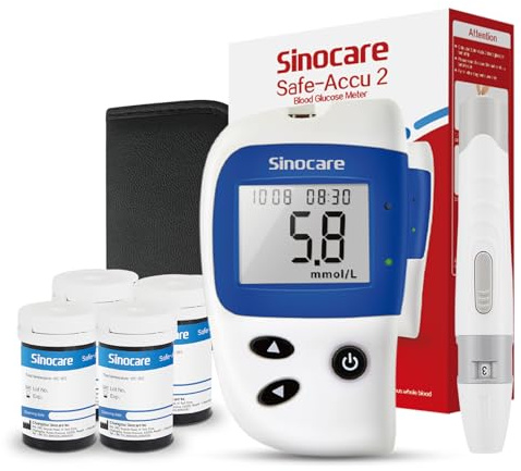 Sinocare Blood Sugar Monitor Safe-Accu2, include 100 Strips, No Code | Blood Sugar Test Kit, Upgraded Chip Diabetes Testing Kit, Large Screen & Memory Capacity & Light Design- in mmol/L