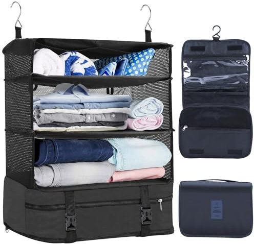 Aomiduo 2 Stück Koffer Organizer Hängend Packing Cube mit Kosmetiktasche Kompression Faltbare Hängende Packwürfel für Rucksack Tragbarer Reiseregale Hängeschrank Aufhängen Aufbewahrungstasche Schwarz