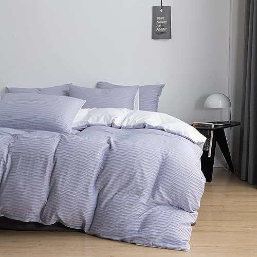DXHOME Seersucker Ropa de cama de verano de 200 x 200 cm, color lila, transpirable, microfibra, funda nórdica con cremallera y 2 fundas de almohada de 80 x 80 cm