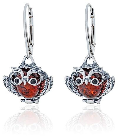 AMBEDORA Damer silver sätt uggla örhängen med bärnsten, oxiderat sterlingsilver, baltisk bärnsten i konjak färg, Sterlingsilver, Bärnsten