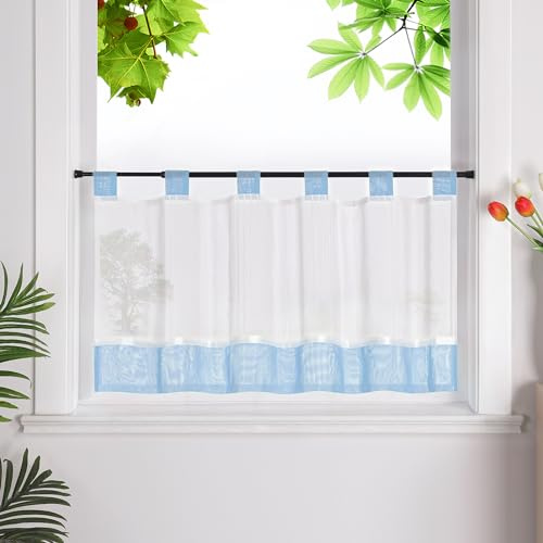 HeichkelL Scheibengardine, Leinenoptik Gardine, Blau HxB 90x90 cm | Küchengardine mit Schlaufen, Halbtransparent Bistrogardine, Landhausstil Kurzstores