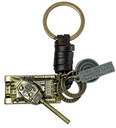 Bronze Farbe Militär Panzer Schlüsselanhänger - Militärische Schlacht Panzer Fahrzeug Form Bronze Farbe - Bronze Metall Kriegsfahrzeug Schlüsselanhänger mit Lederkette - Unisex Schlüsselanhänger,