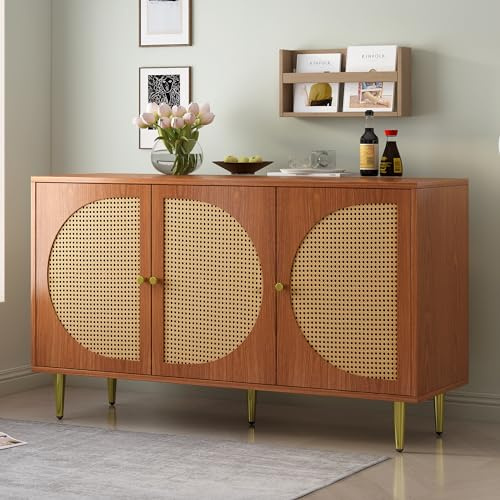 Aunvla Sideboard mit 3 Rattan verzierten Türen Kommode Highboard mit Metallgriffe, für Schlafzimmer & Wohnräume & Büro, Nussbaum 129.8X 40x 76cm