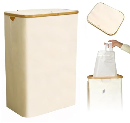CALIYO WäSchekorb Mit Deckel 100 Liter, Wäschesammler Schmal mit Henkel und Abnehmbarem Beutel, Wäschekorb Faltbarer Groß, Laundry Baskets, Wäschebox für Schlafzimmer und Badezimmer(Beige)