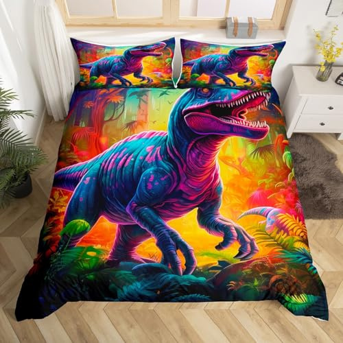 Erosebridal Toddler Dinosaur Bedding Set Twin Watercolor Dino Comforter Cover for Boys Girls, Tyrannosaurus Rex Bed Set Rainbow Jungle Duvet Cover, Wild Animal Quilt Cover Microfiber 2pcs