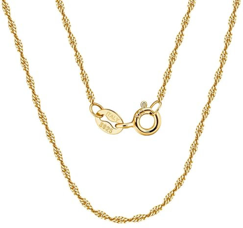 KnSam Sterling Silber Kette Fein, 1.5mm Singapurkette Halskette Anhänger 925 Sterling Silber, Halskette Damen Jugendstil Champagner Gold, 45CM