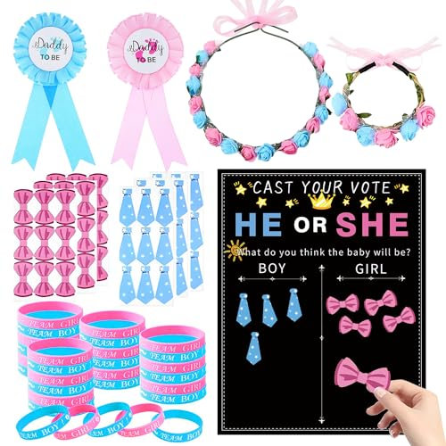 Gender Reveal Party Deko Set 83 PCS, Gender Reveal Spiele, Gender Reveal Decorations mit Boy or Girl Armbänder, Abstimmung Poster, Blumenkopfschmuck, Blumenarmband, Offenbaren Stickers, Abzeichen