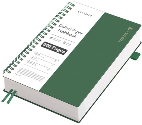 EMSHOI Notizbuch A4 Dotted, 100g/m², 300 Seiten - Tintengrün | Bullet Dotted Journal, PVC Cover, 180° flach, Innentasche, Stiftschlaufe, Lesezeichenband, für Büro Schule, 21.5 x 27.9cm