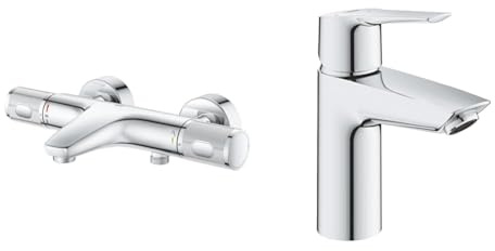 GROHE Precision Feel - Thermostat-Wannenbatterie & QUICKFIX Start - Einhand- Waschtischarmatur (wassersparend, S-Size, inkl. 3-in-1 Montagewerkzeug, schnelle Befestigung), chrom, 31137002