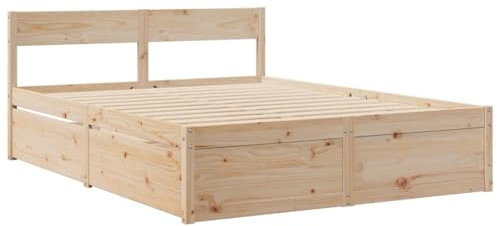 vidaXL Massivholzbett, Holzbett Bett mit Schubladen Kopfteil, Bettgestell Bettrahmen mit Lattenrost, Doppelbett für Schlafzimmer, 140x200cm Kiefer