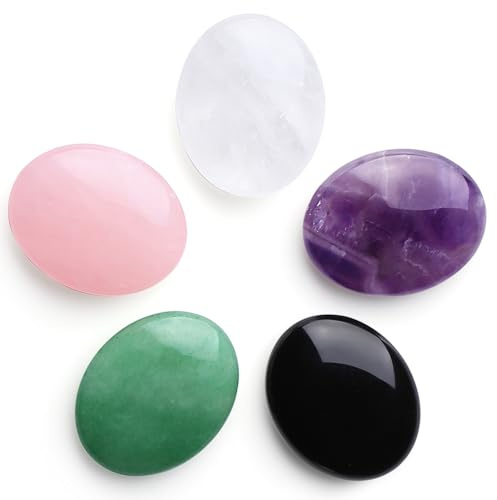 GUJOXILA 5PCS Kristalle Heilstein Stein Set Oval Pocket Edelsteine Amethyst Rosenquarz Bergkristall Obsidian Grüner Aventurin in Bulk Tasche Poliert Energieausgleich Meditation Sorgen Stein 25mm