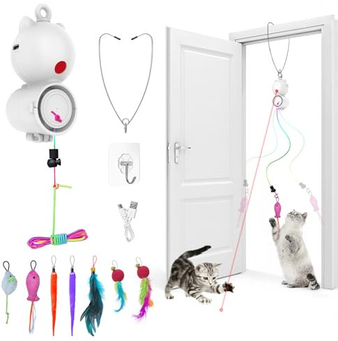 Tyasoleil 2 in 1 Interactive Cat Toy, Hanging Cat Toy, Smart Cat Toy with Laser and Hook, USB Rechargeable Cat Toy, With 7 Replaceable Accessories, Cat Indoor Entertainment, Relieve Boredom