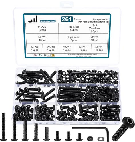 261 Pcs Vis et écrous, M5 Vis Boulons et écrous, Vis et Boulon et Rondelles Set, Vis à Tête Hexagonale, Assortiment Kit, Visserie Boulons Vis à Six Pans Creux à Tête Ronde pour Réparation, Noirs