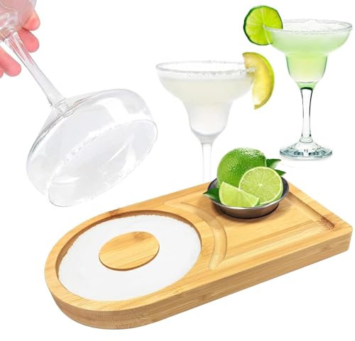 Margarita Salt Rimmer Set, Cocktail Salt Rimmer Bar Glass Rimmer with Condiment Tray, Wooden Salt Rimmer for Cocktails, Margarita Salt Container for Bar Party Accessories (1)