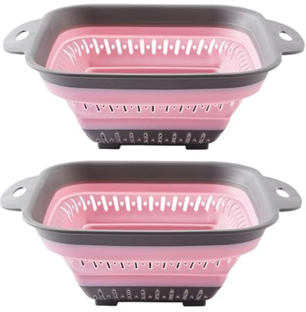 Surwin 2PCS Colador de Silicona Plegable de Cocina, Escurridor Portátil para Pasta, Frutas y Verduras (Rosa)