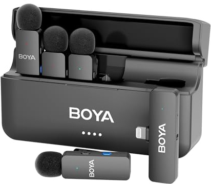 BOYA BY-V4D Mini Wireless Lavalier Mikrofon für iPhone Smartphone, 4 Clip-On Wireless Ansteckmikrofone für Videoaufnahmen Podcast Interview Streaming Vlog YouTube