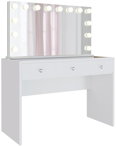 CLP Tocador Nettie con Espejo Hollywood | tocador con iluminación LED | con 3 cajones, Tapa de Cristal y Puertos USB, Color:Blanco