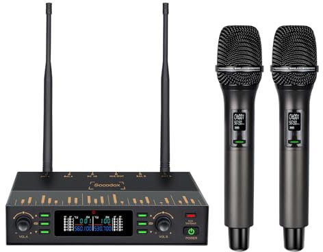 Mikrofon Kabellos, PRO-UHF Professionelles Funkmikrofon Set mit Feedback-Unterdrückung, Auto-Scan&Pairing, Hall- 80m Reichweite, 2x100 Einstellbare Wireless Microphone für Karaoke/Kirche/Hochzeiten/DJ