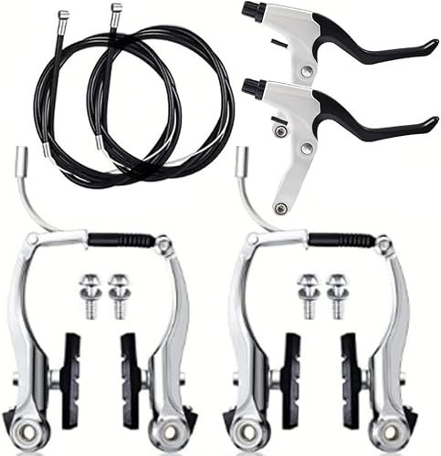 BQPOLING Complete Bike Brake Set, Black Front and Rear Bike MTB Hybrid Brake Inner and Outer Cables and Lever Kit Includes Callipers Levers Cables, Bicycle V-Brake Set (Silver)