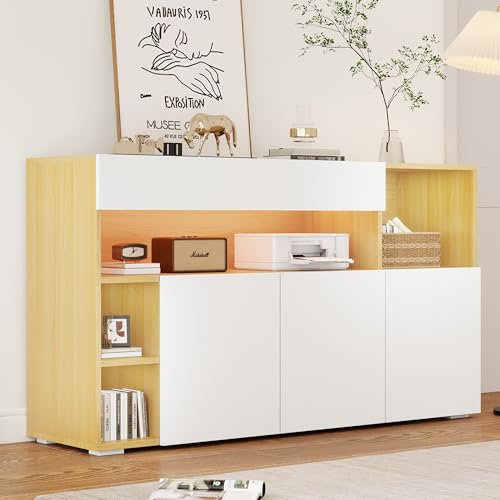 Ymkua Sideboard, Buffetschrank, Kommode mit 3 Türen und Lagerregal, LED-Vitrine, Wohnzimmerschrank, Standschrank, TV-Schrank, Wohnzimmerwand, Buffetschrank Esszimmer, 140x40x70 cm