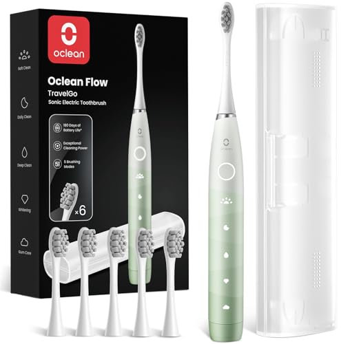 Oclean spazzolino elettrico sonico Flow Gift Set, Ricarica ogni 180 giorni, 5 Modalità, Impermeabile IPX7, Timer da 2 minuti, 6 Testine DuPont™, Custodia da viaggio, Verde