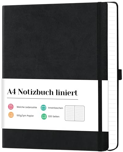 Artfan A4 Notizbuch liniert mit 320 Seiten – Kunstleder Cover | Hartcover in Schwarz, 21,5 × 27,9 cm, Premium Papier für Schule & Büro