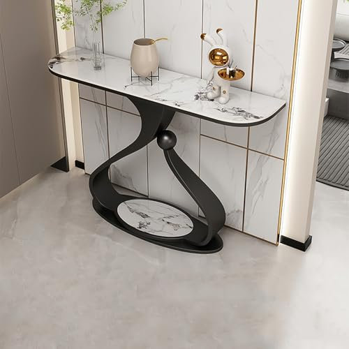 Qiydia Tavolo Consolle da Ingresso in Ardesia AntiGraffio, Tavolino da Divano A Mezzaluna con Base in Metallo, Tavolino da Esposizione Stretto per Soggiorno, Corridoio(120cm/47inch, Black C)