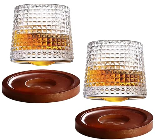 Pasdrucn 200ml Crystal Whiskey Glasses Set of 2, Rotating Whisky Cognac Whiskey Glasses, Rum Glasses Scotch with Coaster, Water Glasses, Gin Glasses Set of 2, Drink Glasses, Crystal Rum Glass (B)