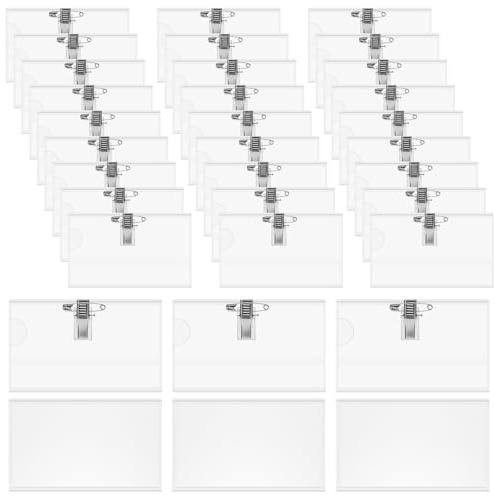 Lot de 24 badges nominatifs pour vêtements - 9 x 5,7 cm - En PVC - Transparent - Avec clip et épingle - Pour l'école, les entreprises, les conférences, les voyages
