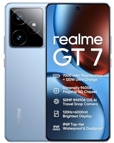 realme GT 7 5G Smartphone 12+512GB, IceSense Blue, 6.78 inch Bildschirm, 120Hz Display, 7000mAh Akku, 50MP 2X Kamera, MediaTek Dimensity 9400e Chipset, IP69