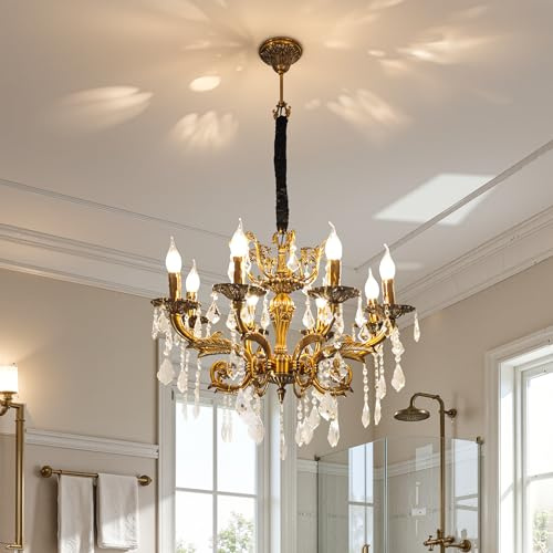 VRYGLE Lustre Cristal pour Salon Vintage: Lustre Baroque en Alliage de Zinc, suspension luminaire cristal pour salon, Lustres Éclairage LED 8 E14 pour Salle à Manger, Chambre, 67x101cm Ampoule incluse