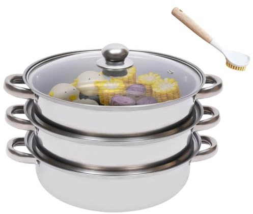 Cuiseur Vapeur à Induction à 3 éTages En Inox -Avec Couvercle En Verre, PoignéEs En Silicone - éLectrique - Finition Poli-Miroir, 28 Cm, Pour CuisinièRes à Induction Et CuisinièRes Gaz