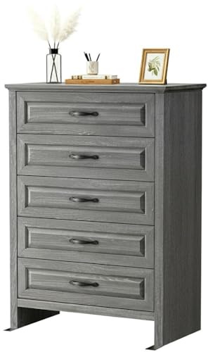 Marsail Farmhouse 5 Drawer Dresser, Wood Chest of Drawers with Natural Texture, Smooth Gliding Drawers, Versatile Storage Organizer Cabinet for Bedroom & Living Room, Grey