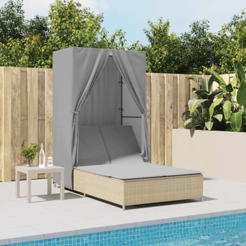 Frdhee Gartenstuhl Hochlehner Kippliege,Doppel-Sonnenliege mit Dach und Vorhängen Beige Poly Rattan,Hochlehner Gartenstuhl für Garten,Pool,Terrasse
