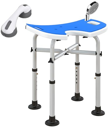 HOMCOM Taburete de Ducha Silla Ducha Personas Mayores Antideslizante Silla para Ducha con Barra de Agarre por Ventosas Altura Regulable y Asiento en Forma de U Carga 150 kg Azul