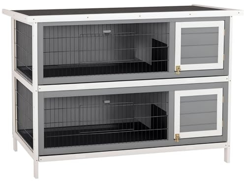 PawHut Hasenstall 2 Etagen Asphaltdach Bodenwanne 136,4x50x93cm Grau+Weiß | Kaninchenstall aus Holz, Winterfest Kleintierstall mit Türen, Kaninchenkäfig für Kleintiere Kaninchen, Indoor Outdoor