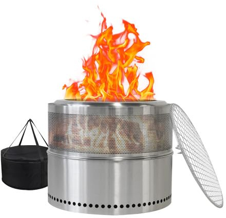 Rökfri eldskål i rostfritt stål med grillgaller, bärbar väderbeständig eldstad för trädgård, terrass och utomhuscamping