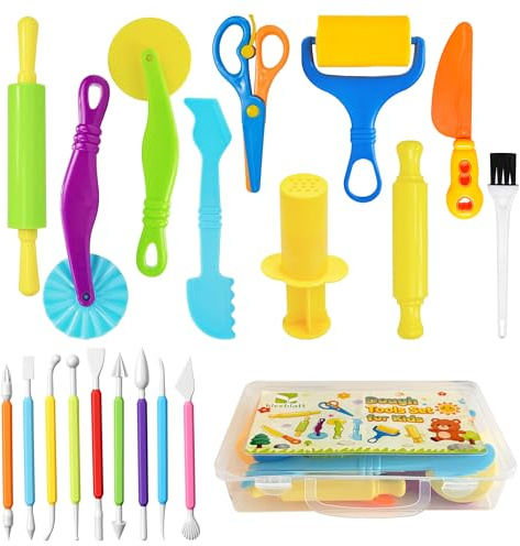 Kleeblatt Dough Tools Set for Kids - 19 Pcs Playdough Kit | 9 Basic Dough Tools, 9 Double-Headed Clay Carving Tools, 1 Cleaning Brush, Exquisite Box