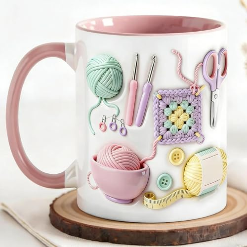 Crochet Mugs for Crocheters, 11OZ Knitting & Crochet Coffee Cup, Funny Knitting Gift Ceramic Coffee Mug with Insulated Handle, Novelty Milk Cups Crochets Gift for Women Crochets Lovers