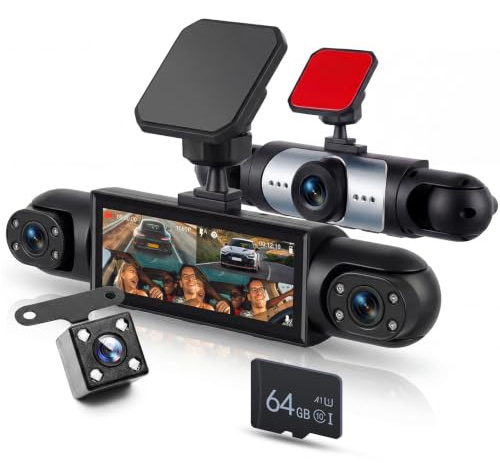 Rimoody Dashcam Cámara de Coche 4 Canales 360° 3.16 Pulgadas, Visión Nocturna Integrada, Detección de Movimiento Sensible, Modo Estacionamiento 24/7, Ayuda de Marcha Atrás con 64 GB Tarjeta