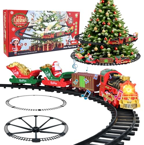 Ulikey Tren de árbol de Navidad, juego de ferrocarril de Navidad, tren de Navidad alrededor del árbol, tren para árbol de Navidad eléctrico con luz y sonido, vapor, juguete para niños 3 4 5 6 7 8 Jah