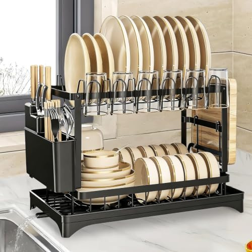 LLHONG 2 Tier Dish Drainer Rack for Kitchen Counter, Dish Drying Rack