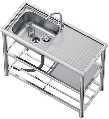 Premium utomhushandfat med kran rostfritt stål camping kök tvättfat trädgård tvättbord mångsidig verktygsvask med skåp och dräneringsbräda för grill husbil och bakgård.