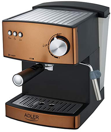 Adler AD 4404CR Cafetera Espresso Automática 15 Bares, Depósito 1,6 L, para Preparar Café Latte, Espresso y Capuccino, Vaporizador para Espumar Leche, Calienta Tazas, Color Cobre, 850W