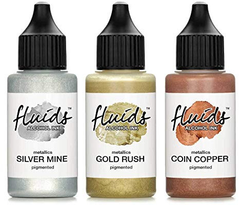 3x 30 ml Octopus Fluids Alcohol Ink Set Metallics SILVER MINE, GOLD RUSH, COIN COPPER Alkoholtinte für Fluid Art, Resin und Epoxidharz Farbe