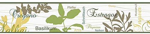 Kräuter Tapeten Bordüre in Grün | Schriftzug Küchentapete als selbstklebende Tapetenbordüre | Vlies Wandbordüre mit Vinyl