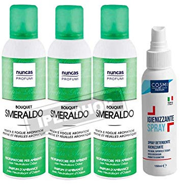 NUNCAS SET 3 PROFUMATORI PER AMBIENTE SPRAY BOUQUET SMERALDO + COSMI IGIENIZZANTE SPRAY 150 ML