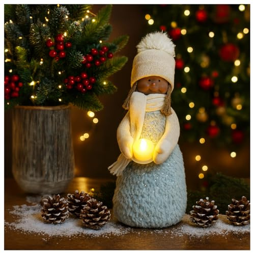 com-four® Weihnachtsdeko Mädchen mit Kerze, Weihnachtsfigur stehend | Dekofigur zu Weihnachten - Standfigur mit flackerndem LED-Licht