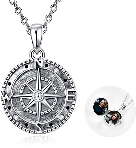 KINGWHYTE Medallion zum öffnen mit Bild 925 Sterling Silber Kompass Medaillon Kette mit Bild zum Aufklappen Kompass Amulett Foto Anhänger Herren Weihnachtsschmuck Geschenke für Männer Frauen